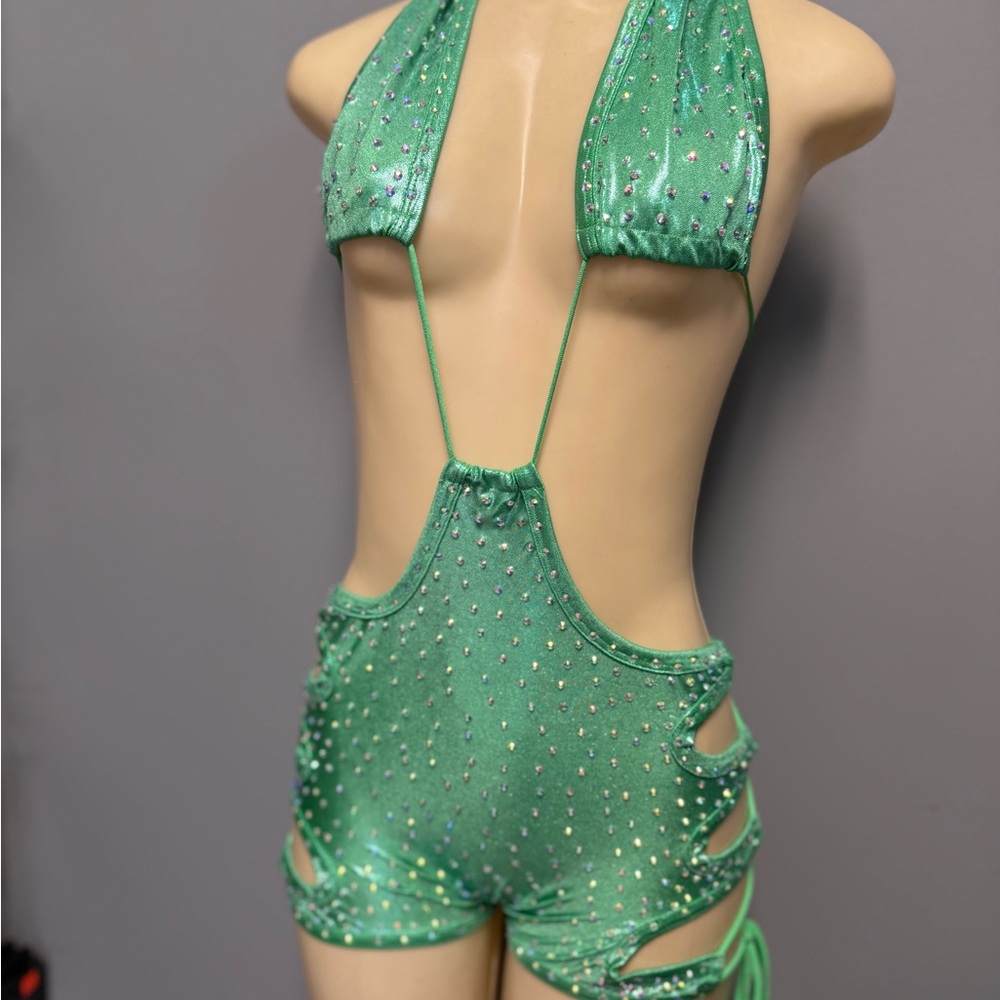 Green Rhinestone Halter Bodysuit